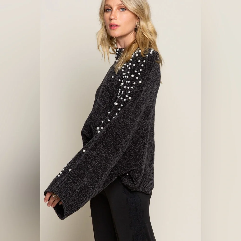 POL Black Pearl Embellished Chenille Sweater - S M L - Picture 4 of 6